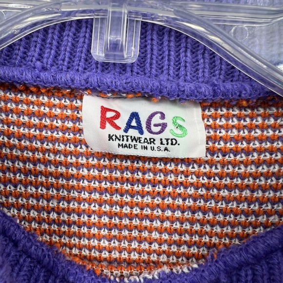 Rags Womens Sweater Vintage New 80s Knitwear Purple Orange Aztec Fringe Medium - Picture 8 of 10